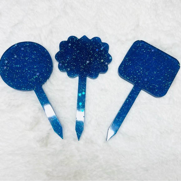 Blue Glitter Plant Markers Set of 3 Hand Crafted Resin Gift Set Cake Toppers - Picture 7 of 7